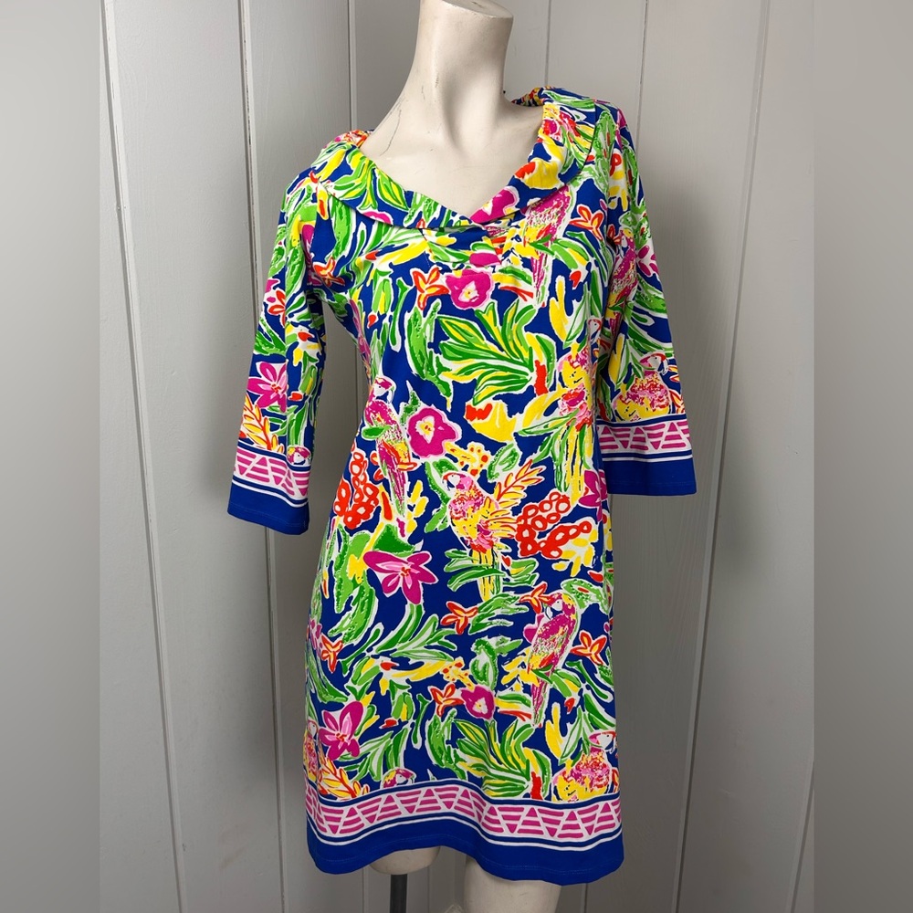 Barbara Erickson Tropical Parrot Print Dress 3/4 Sleeve Resort Shift small